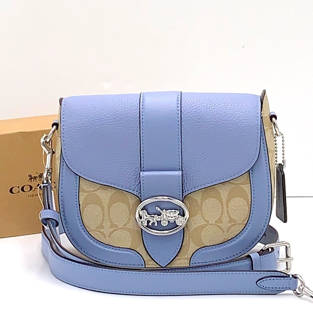 COACH Georgie Saddle Bag In Signature Canvas 
Silver/Light Khaki/Marble NWT - Picture 2 of 16